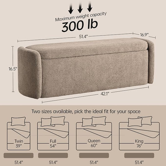 VKNOW 51" Storage Ottoman Bench, Upholstered End of Bed Bench with Smooth Hinges, Oval Large Ottoman Bench for Bedroom, Living Room and Hallway Entryway, Brown