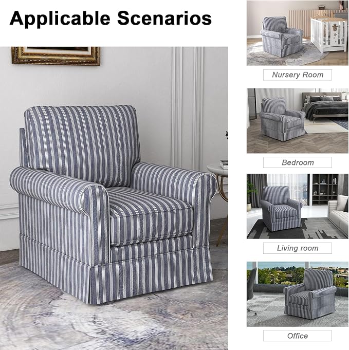 INZOY Swivel Accent Chair Linen Mid Century Modern Chair, Comfy Swivel Barrel Reading Chair, Upholstered Square Chair for Living Room Bedroom Small Spaces, Fully Assembled, Blue Stripe