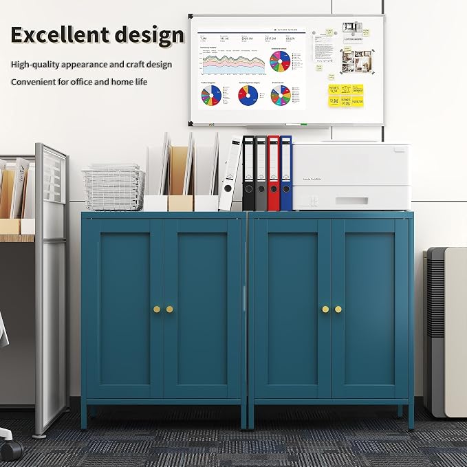 Blue Metal Storage Cabinet with 2 Doors - 31.5''H Bathroom Floor Storage Cabinet, 3 Tier Locker with Adjustable Shelves, Bathroom Cabinet for Office, Home, Living Room, Kitchen