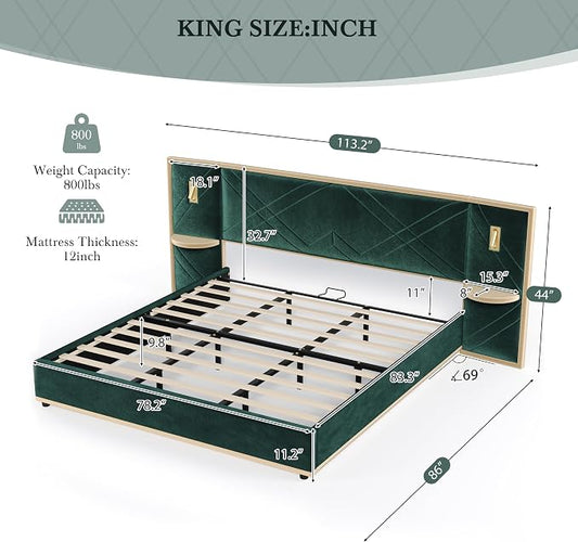 Merax King Bed Frame with 2 Built-in Led Lights and 2 Floating Storage Shelves, Luxury Velvet Upholstered Platform Bed Frame King Size with Wingback Headboard for Bedroom, No Box Spring Needed, Green