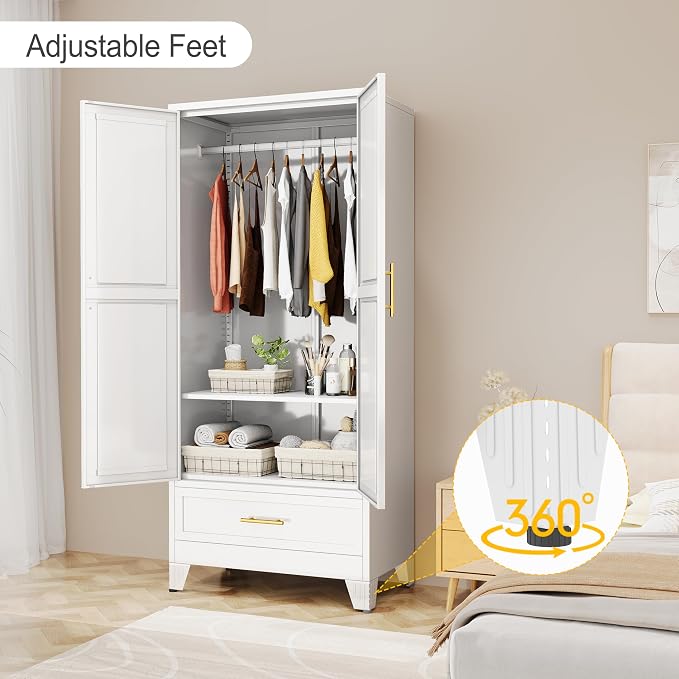 winiowa Metal Armoire Wardrobe Closet with Drawer, 71" Wardrobe Cabinet with Adjustable Shelves and Hanging Rod, Clothing Storage Cabinet Closet for Bedroom-White
