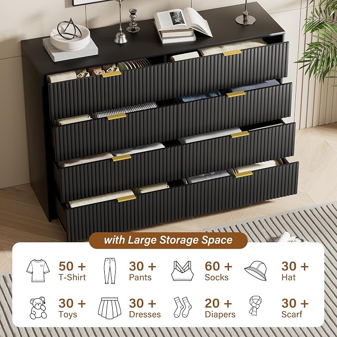 Furniway Black Dresser Bedroom Set 3 Pieces, Nightstands Sets of 2, 8 Drawer Dresser with Gold Handles for Bedroom