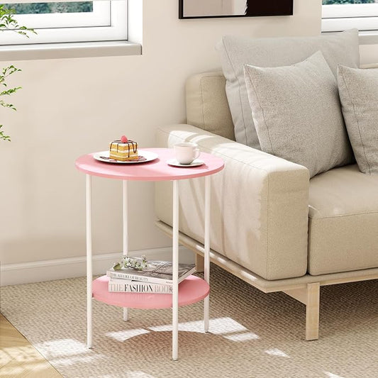 Side Table,Round End Table with 2 Storage Shelves| Compact Side Tables for Living Room, Couch, Gym, Office & Bedroom | Narrow Accent Table as Space-Saving Small Bedside Table 18x18x22in(Pink)