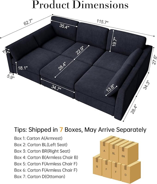 Oversized Modular Sectional Sleeper Sofa Bed Cloud Couches Blue | Deep Seat Couch for Living Room, 6-Seater Luxury Comfortable Sofa with Ottoman, Solid Wood Frame, Removable Washable Cover