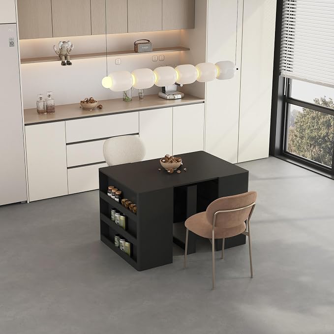Extendable Foldable Dining Room Table for 1-12 People, Wood Multifunctional Rectangle Expandable Console Kitchen Living Meeting Room Furniture, Black