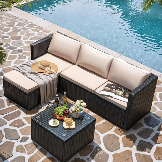 Greesum 3 Piece Patio Furniture Set Outdoor Wicker Rattan Sectional Sofa with Adjustable Seat, Soft Cushions & Coffee Table for Yard, Garden, Porch, Poolside, Beige