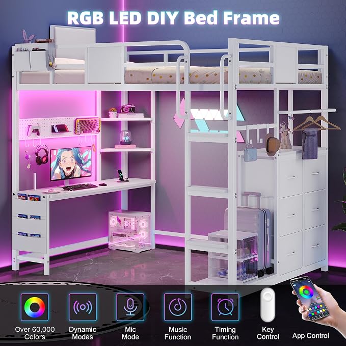 Dnxao Twin Size Loft Bed with Desk, Anti-Wobble Heavy Duty Metal Frame with DIY Pegboard & 6 Storage Drawers, LED Lights, Charging Station with Type-C, Space-Saving Workstation for Kids Teens, White