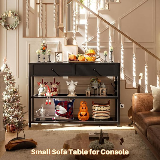 Ecoprsio Entryway Table with Outlets and USB Ports, Console Table with 2 Drawers, Small Sofa Table with Storage Shelves for Living Room, Couch, Hallway, Foyer, Kitchen Counter, 32'', Black