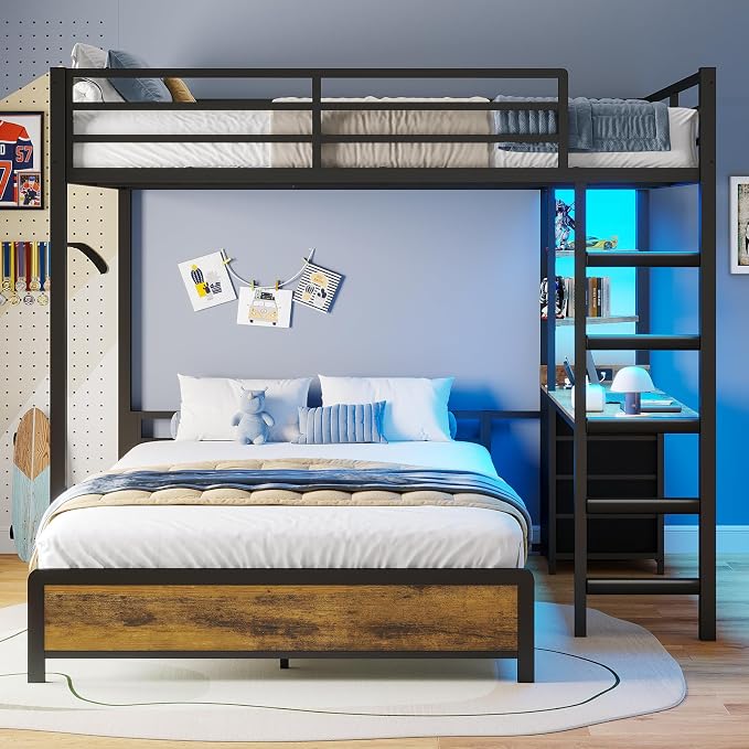 ADORNEVE Twin Over Full Bunk Bed with Desk, Bunk Beds Twin Over Full Size with Charging Station & Led Lights, Storage Drawers & Shelves, Loft Bed with Safety Guardrail & Ladder for Kids/Teens, Black