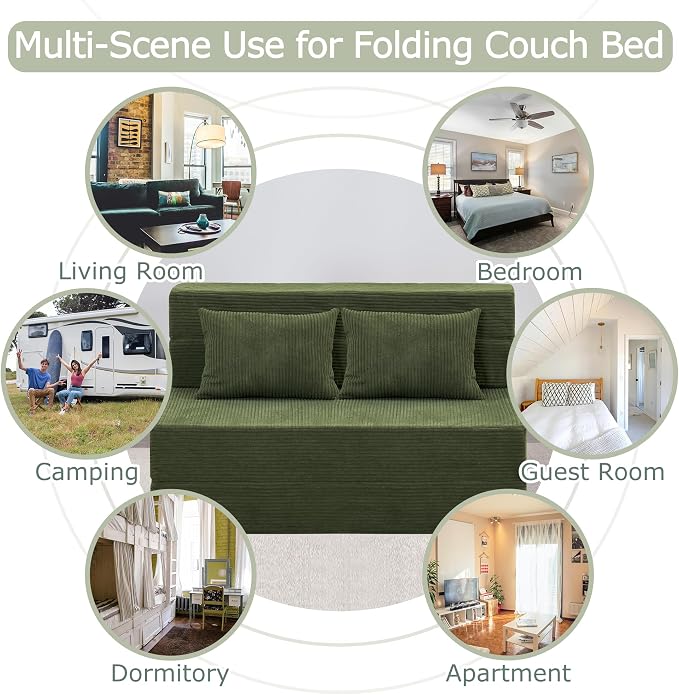 Folding Sofa Bed, 4 in 1 Convertible Sleeper Chair with Pillow, Twin Memory Foam Fold Out Chair Bed, Modern Floor Futon Sofa Couch Mattress for Living Room/Guest/Apartment, Green