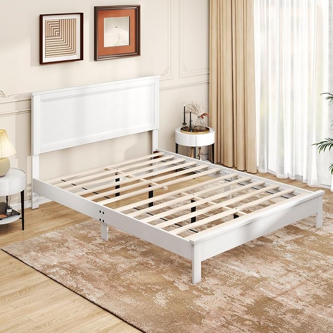 GOFLAME Queen Size Wood Bed Frame, Mid-Century Modern Platform Bed with Headboard, Solid Wood Legs, Mattress Foundation with 12 Wooden Slats, No Box Spring Needed, White