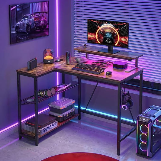 Bestier Gaming Desk with Power Outlets, 42" L-Shaped Gaming Desk with LED Lights, Desk with Reversible Storage Shelves & Hooks for Small Spaces, Bedrooms & Offices,Rustic Brown