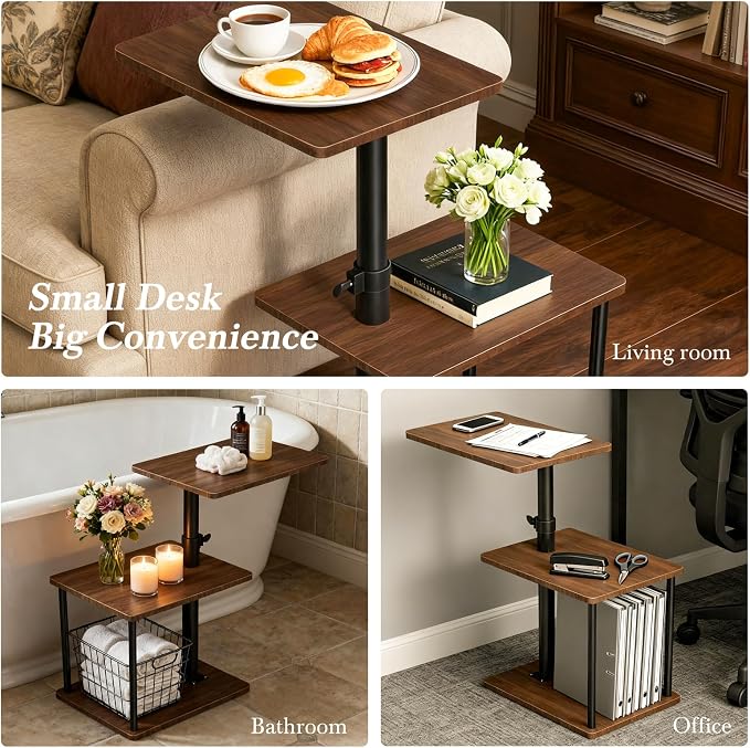 Faesun Swivel Side Table for Couch Arm, Adjustable C End Table for Recliner or Bed, Tv Trays with Storage Shelf for Small Spaces Small Nightstand Table for Living Room, Bedroom,2pc