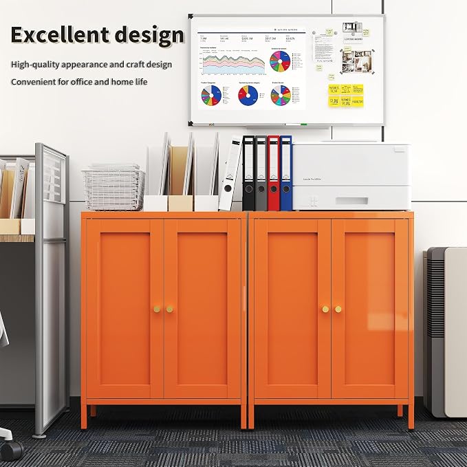 Orange Metal Storage Cabinet with 2 Doors - 31.5''H Bathroom Floor Storage Cabinet, 3 Tier Locker with Adjustable Shelves,Bathroom Cabinet for Office, Home, Living Room, Kitchen