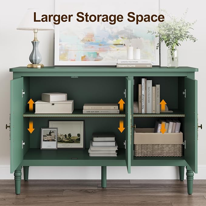 FansaFurn 3-Door Storage Cabinet Set of 2 with Adjustable Shelves, Accent Sideboard Cabinet with Turned Legs, Wood Pantry Cabinet, Buffet Cabinet for Entryway, Living Room, Dining Room, Green