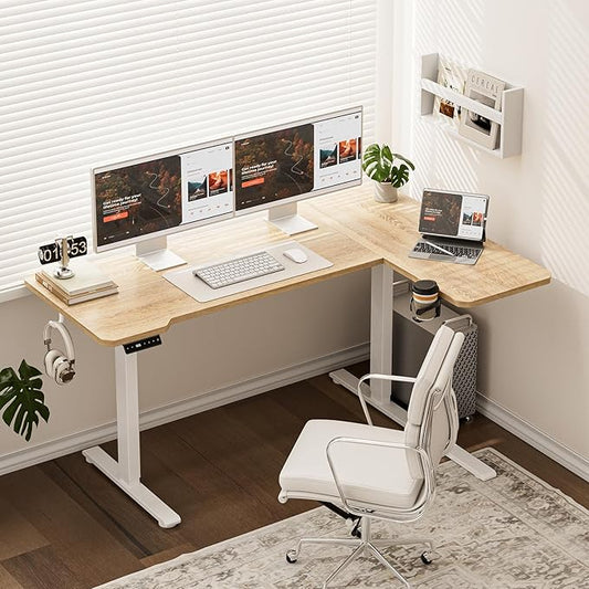 Acrolix L Shaped Electric Standing Desk - 51x31.5 Inch Reversible Corner Sit Stand Desk with Hook&Cup Holder,Electric Height Adjustable Table,for Small Home Office&Bedroom Computer Desk, Oak