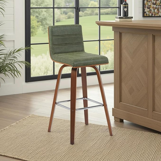 Vienna Modern Swivel Bar Height Stool with Vintage Green Upholstered Seat and Walnut Finished Wood Frame Set of 2