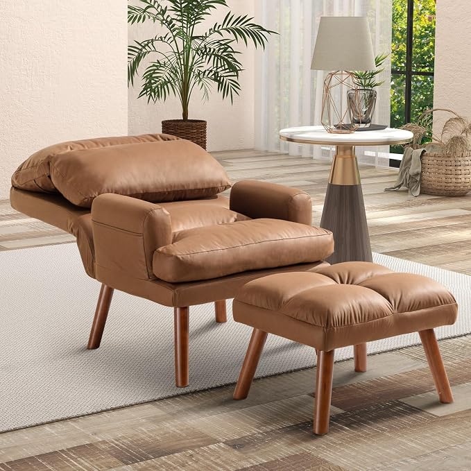 CANMOV Modern Accent Chair with Ottoman, Soft Fabric Armchair with Adjustable Backrest and Side Pockets, Comfy Lounge Chair for Living Room, Bedroom, Apartment, Office, Camel