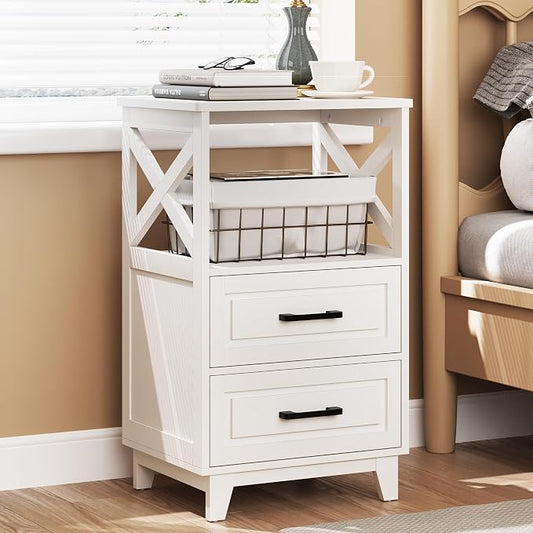 May in Color Nightstand, 30" Tall Bedside Table, Farmhouse Side Table with Storage Drawers and Open Shelf, Wooden Rustic End Table Cabinet for Bedroom, Home Office, White