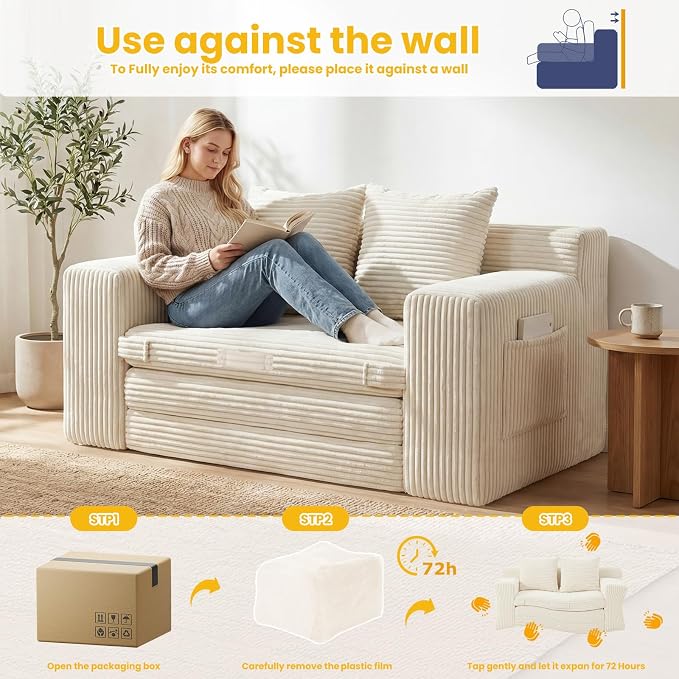 Boneless Couch,Boneless Loveseat Sleeper Sofa Bed – 3-in-1 Convertible Couch Bed with Side Pockets & Handle,Pull Out Corduroy Futon for Small Space,Living Room & Bedroom,2 Pillows Included,No Assembly