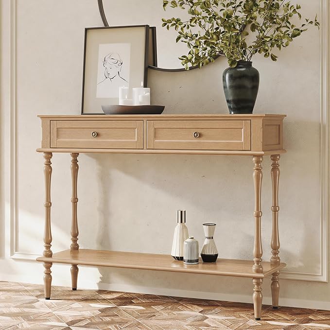 ARTPOWER Console Table for Entryway with 2 Drawers-Minimal Assembly,Retro Entryway Table with Storage Cabinets and Open Shelf,Narrow Long Couch Table Behind Sofa Set for Living Room,Foyer,Natural