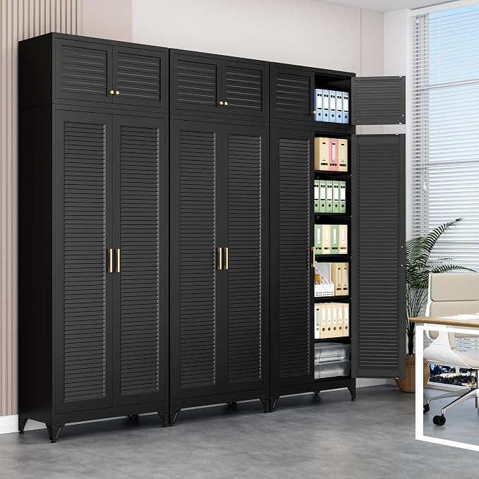 Polup 90" Tall Metal Kitchen Pantry Storage Cabinet with Doors and Shelves | Black Heavy Duty Steel Cabinet,Golden Handle,5 Adjustable Shelves,Louvered Doors,Anti-tipping,2 packages,garage,Dining room