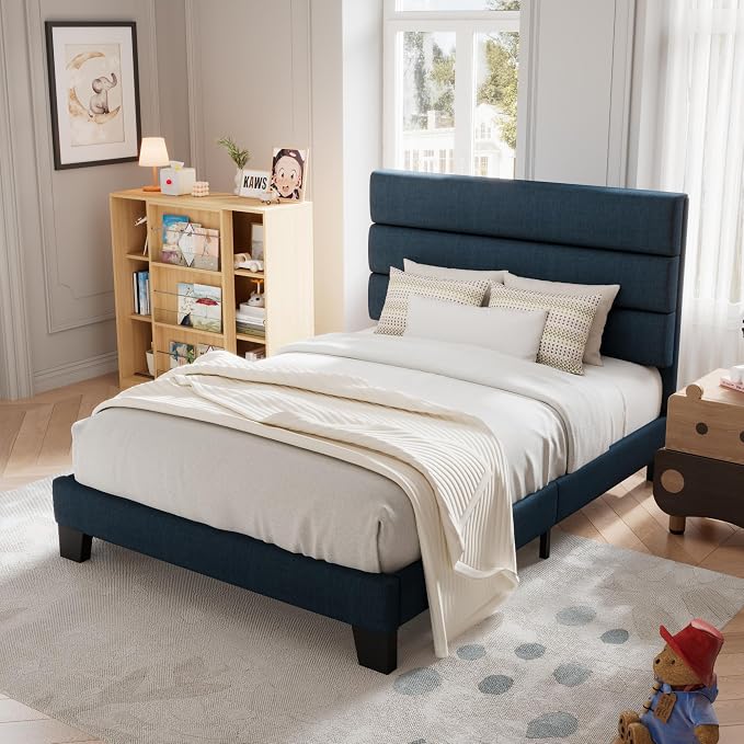 Allewie Twin Size Platform Bed Frame with Fabric Upholstered Headboard and Wooden Slats Support, Fully Upholstered Mattress Foundation/No Box Spring Needed/Easy Assembly, Navy Blue