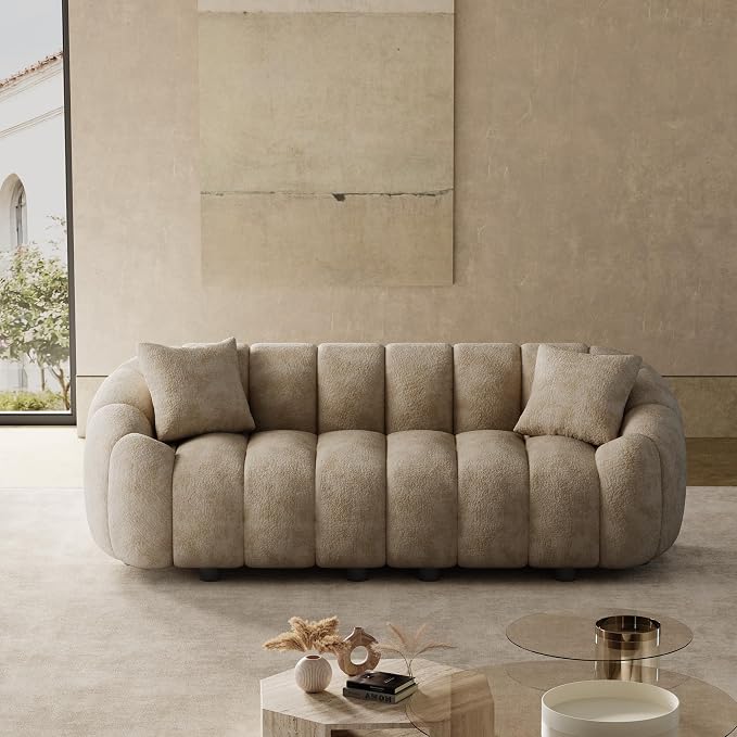 92" Oversized Minimalistic Boucle Sofa for Living Room, Luxury Plush Extra Deep Seat Tufted Sofa, Modern Comfy Curved Cloud Couch, Upholstered 3-Seater Chenille Couches, Light Brown