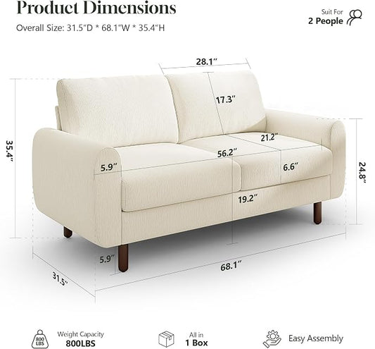 WorthFurni 68" Loveseat Sofa, Comfy Chenille Fabric Couches for Living Room with Spring Cushion and Solid Wood Frame, Modern Deep Seat Couch for Bedroom, Apartment, Office, Easy Assembly, Beige