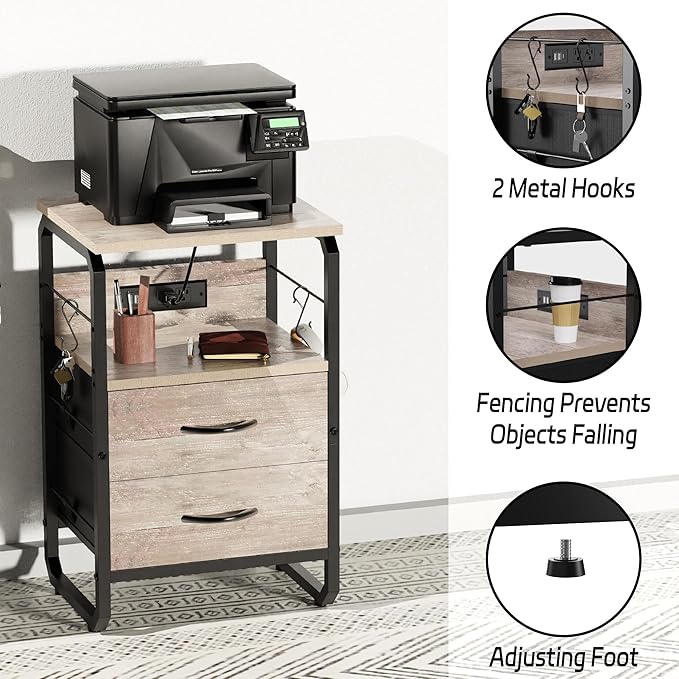 runjuly Nightstand with Drawers, Storage Night Stand with Charging Station Type C Port, Small Side Table with Hooks, Wood Metal End Table for Living Room, Bedroom, Dorm, Greige