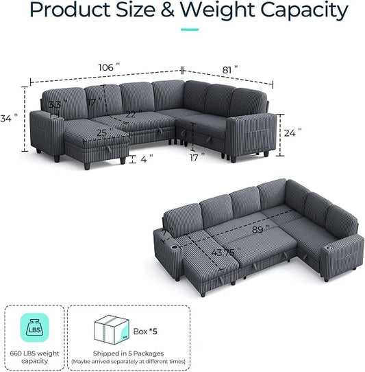 LINSY HOME Sectional Sleeper Sofa with Pull Out Couch Bed for Living Room (Grey) | Plush Corduroy