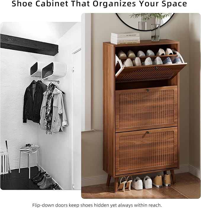Fsbecl Shoe Storage Cabinet for Entryway with 3 Flip Drawers, Narrow Shoe Organizer with Fluted Panel, Freestanding Wood Hidden Shoe Cabinet for Hallway (Walnut, 23.6''W, Double Layer)
