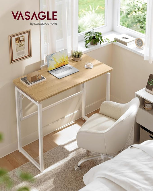 VASAGLE Folding Desk, Foldable Computer Desk, One-Piece Desktop, Rounded Edges, Small Folding Craft Table for Bedroom, Balcony, Camping, Easy Assembly, 31.5 x 15.7 Inches, Straw Yellow ULWD151YD01