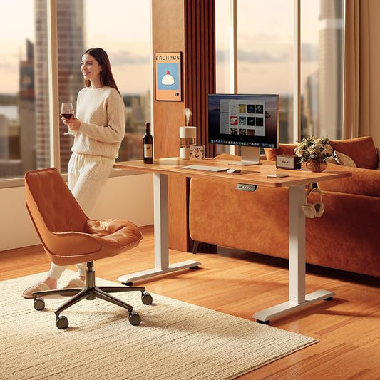 FEZIBO Standing Desk, 63×28 Inches Electric Height Adjustable, Sit Stand Up, Computer Office Desk with Splice Board, White Frame/Light Rustic TOP