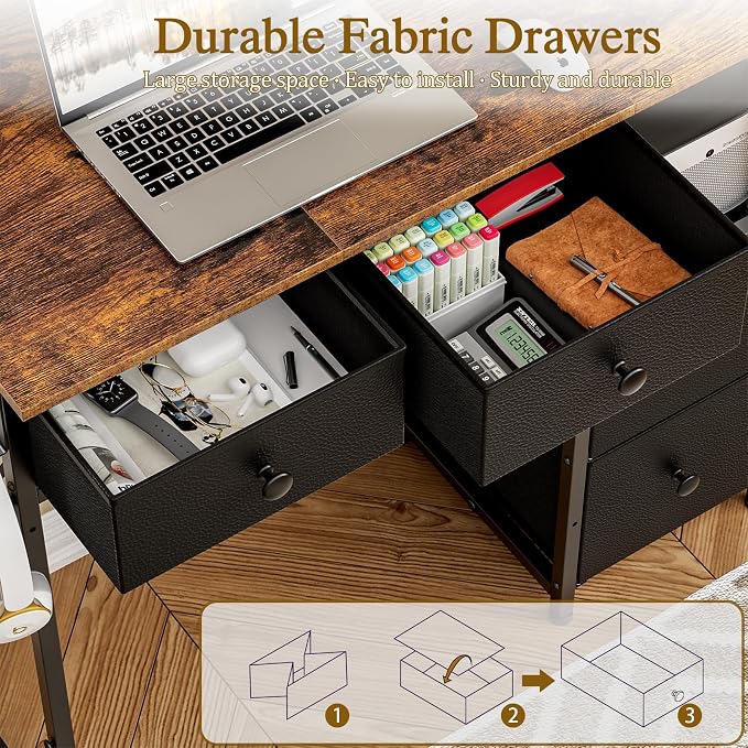 3IngSeagulls Small Computer Desk with 4 Fabric Drawers, Simple Writing Desk for Home Office, Compact Study Desks for Small Spaces, Kids Desk Study for Bedroom, Rustic Brown