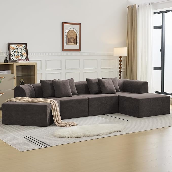 140''Oversized Cloud Velvet Curved Sectional Couch, Boneless Couch with L-Shape Chaise, Upholstered Compression Memory Foam Modular Sectional Sofa for Living Room, No Assembly Required, Brown