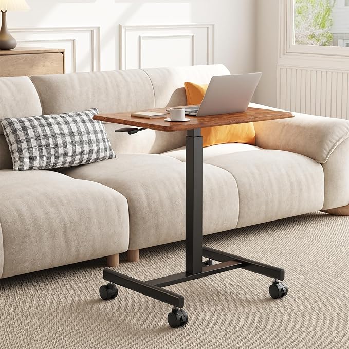 OLIXIS Mobile Rolling Desk with Wheels Small Standing Laptop Desks Portable Pneumatic Adjustable Height Sit Stand Table Computer Workstation for Home Office Rustic Brown