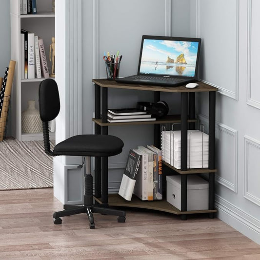 Furinno TURN-N-TUBE Desk, Gaming Desk with Shelves, Corner Computer Desk with Shelves, Office Desk, Space Saving, For Home Office, Bedroom, Columbia Walnut