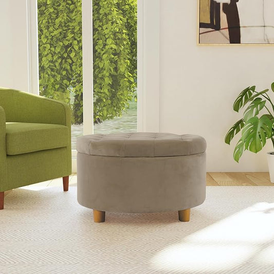 HomePop 28" Button Tufted Velvet Round Storage Ottoman - Fawn Velvet