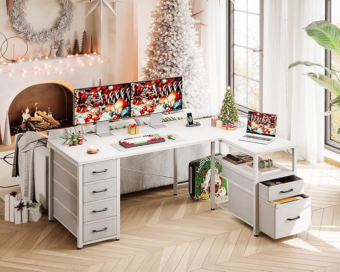 Coleshome L Shaped Computer Desk with 6 Fabric Drawers & Power Outlet, 55 Inch Corner Desk with Reversible Storage Shelf & File Drawer, Home Office Desk, White