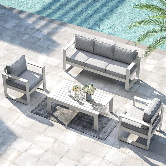 LayinSun Outdoor Patio Aluminum Sofa, Metal Modern 3-Seat Couch with Washable Thick Cushions