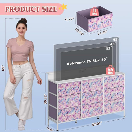 WLIVE Dresser TV Stand for 45, 50, 55 inch TV, Entertainment Center with LED Lights & Charging Station, Chest of Drawers with 9 Fabric Drawers for Living Room, Tie-dye Print (Pink, Purple, Blue)