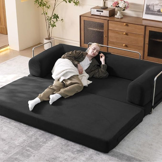 WHGBJA 79" Convertible Sleeper Sofa Bed with Cylindrical Pillow, Corduroy Folding Mattress Couch with Fixed-Shape Frame, Floor Sofa Lounge Couch for Living Room Bedroom Lounge Studio (Black)