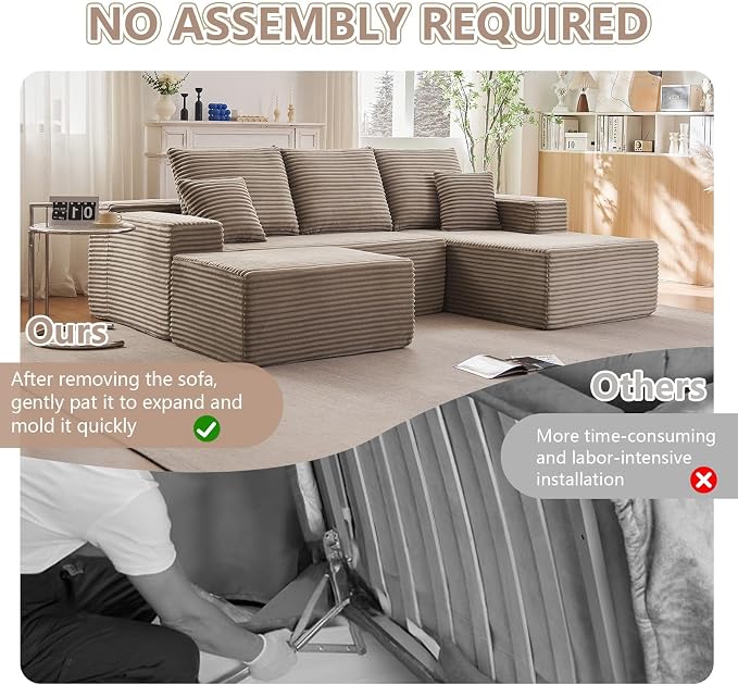 107" Comfy U-Shaped Sectional Modern Boneless Corduroy Couch with Chaise - No Assembly Required! Deep-Seat, Upholstered Modular Cloud Sofa for Living Room, Plush Corduroy Fabric(Camel)