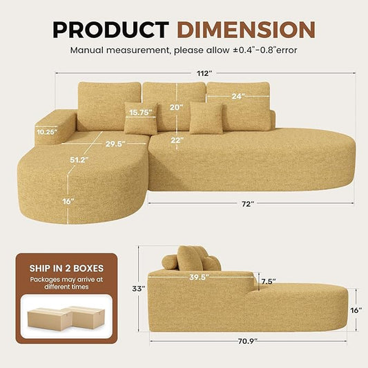 112" Modular Curved Sofa, Oversized Couches for Living Room, Modern Cloud Couch with Deep Seat, Chenille Foam Couch, No Assembly Required, Yellow, 1PCS
