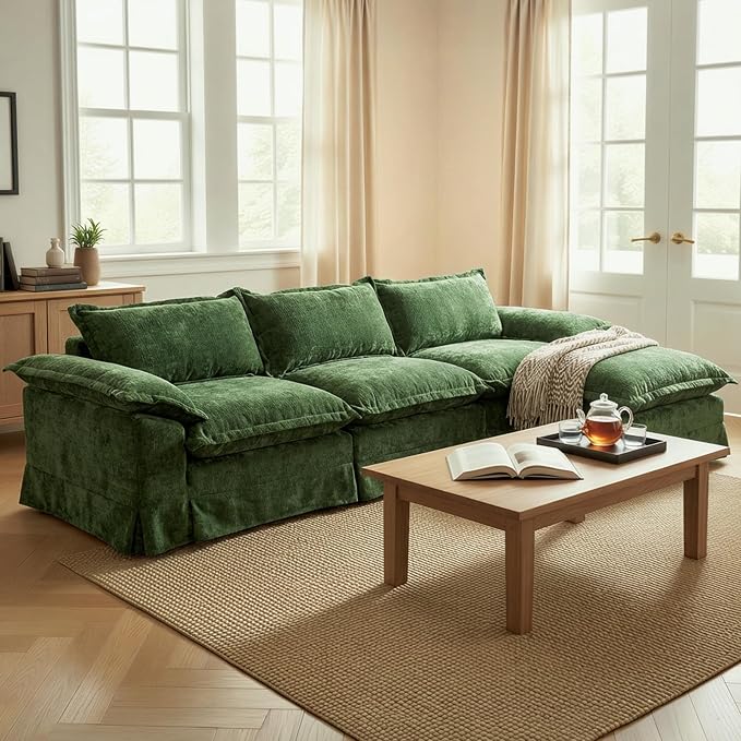 Claiks 123" Modular Boneless Couch, L Shaped Couch for Living Room, Modern Deep Seat Sofa 3 Seater Chenille Fabric Comfy Cloud Couches with Movable Ottoman, Dark Green