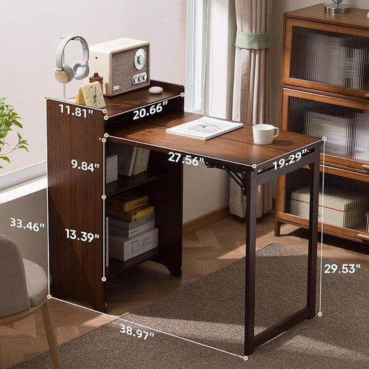 Bamboo Folding Desk with Storage, Space-Saving Foldable Computer Desk for Small Spaces, Writing Study Table for Home Office, Bedroom, Dorm, Apartment,White