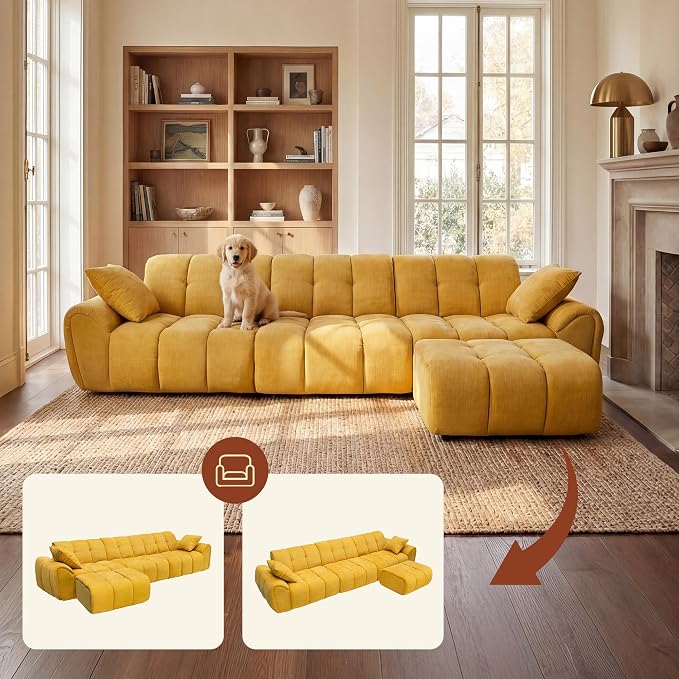 Claiks 118" Modern Boneless Couch, Corduroy Modular Cloud Sofa for Living Room, Deep Seat Sectional with Movable Ottoman, No Assembly Required, Yellow