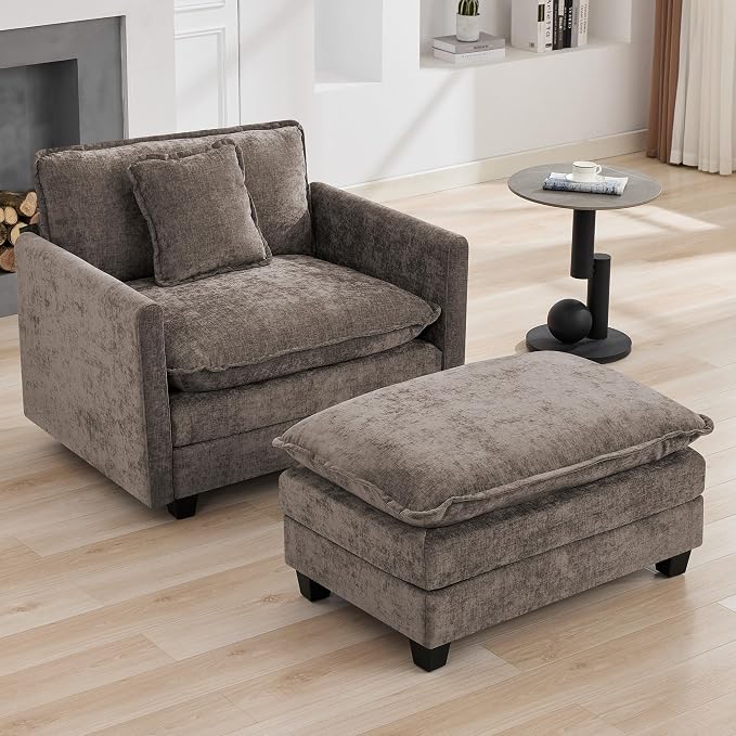 WUTUTUEE 41'' Modern Chenille Oversized Chair, Upholstered Accent Living Room Chair with Extra Thicked Deep Seat, Single Lounge Chair for Bedroom, Small Apartment, Brown