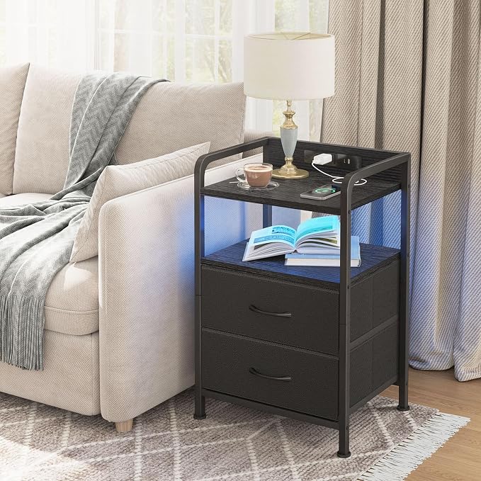 Fixwal Night Stand for Men Bedroom with 2 Fabric Storage Drawers and Shelves, Nightstand with Charging Station & LED Lights, Black
